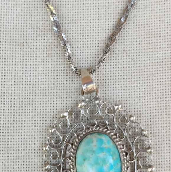 Vintage sterling silver braided necklace with turquoise Hubble glass pendant - Picture 7 of 9